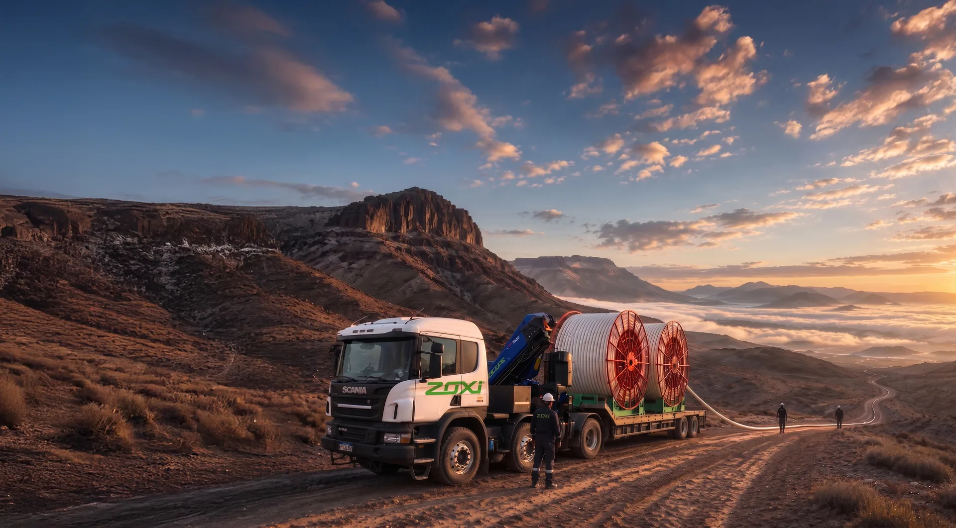 Instalación de cañería flexible Z-FleX en la Patagonia argentina, con equipos de perforación al atardecer
